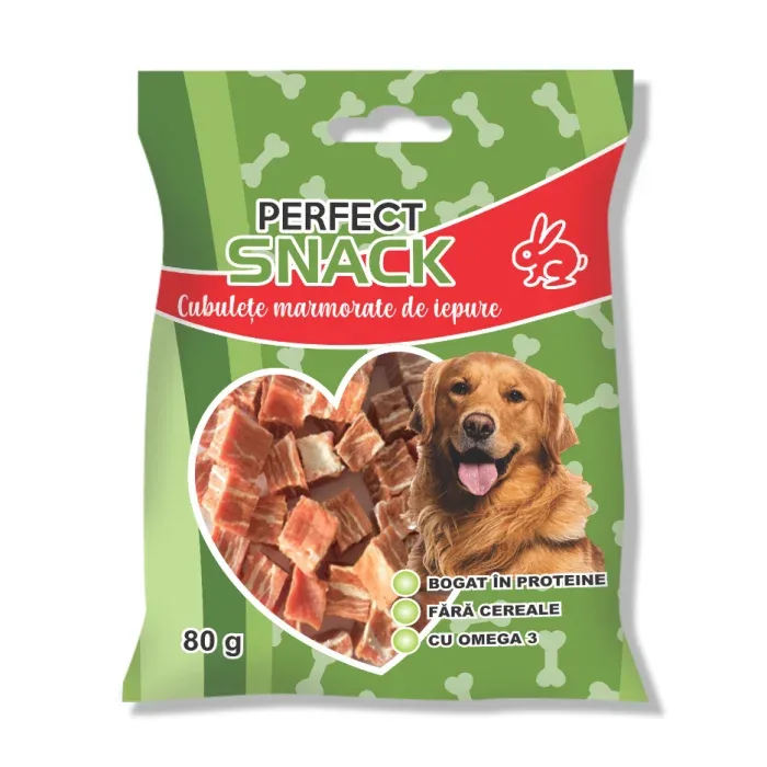 Recompense pentru caini- Perfect Snack – Cubulețe marmorate de iepure – 80 g