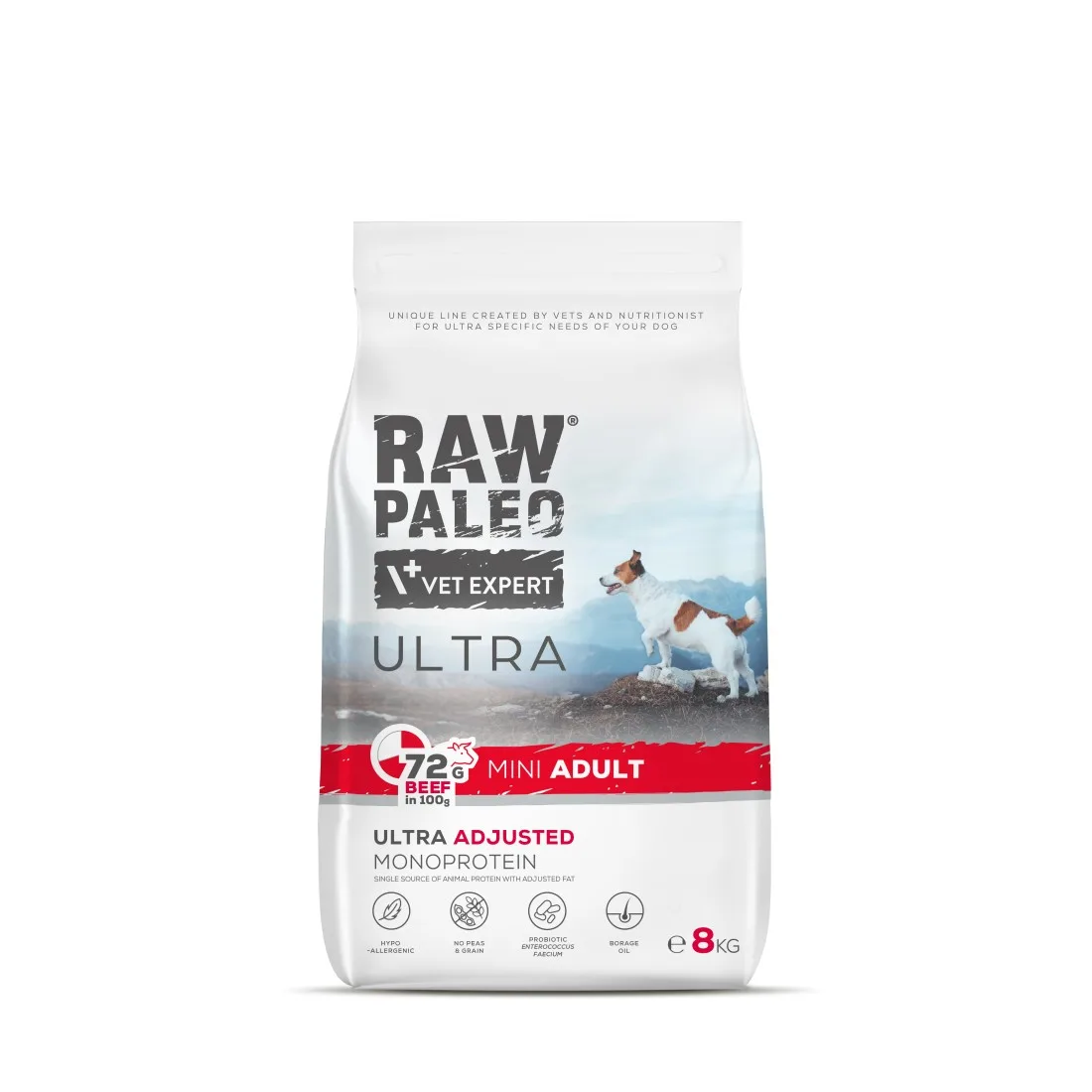 Hrană uscată pentru câini Raw Paleo Ultra Beef Mini Adult  8kg