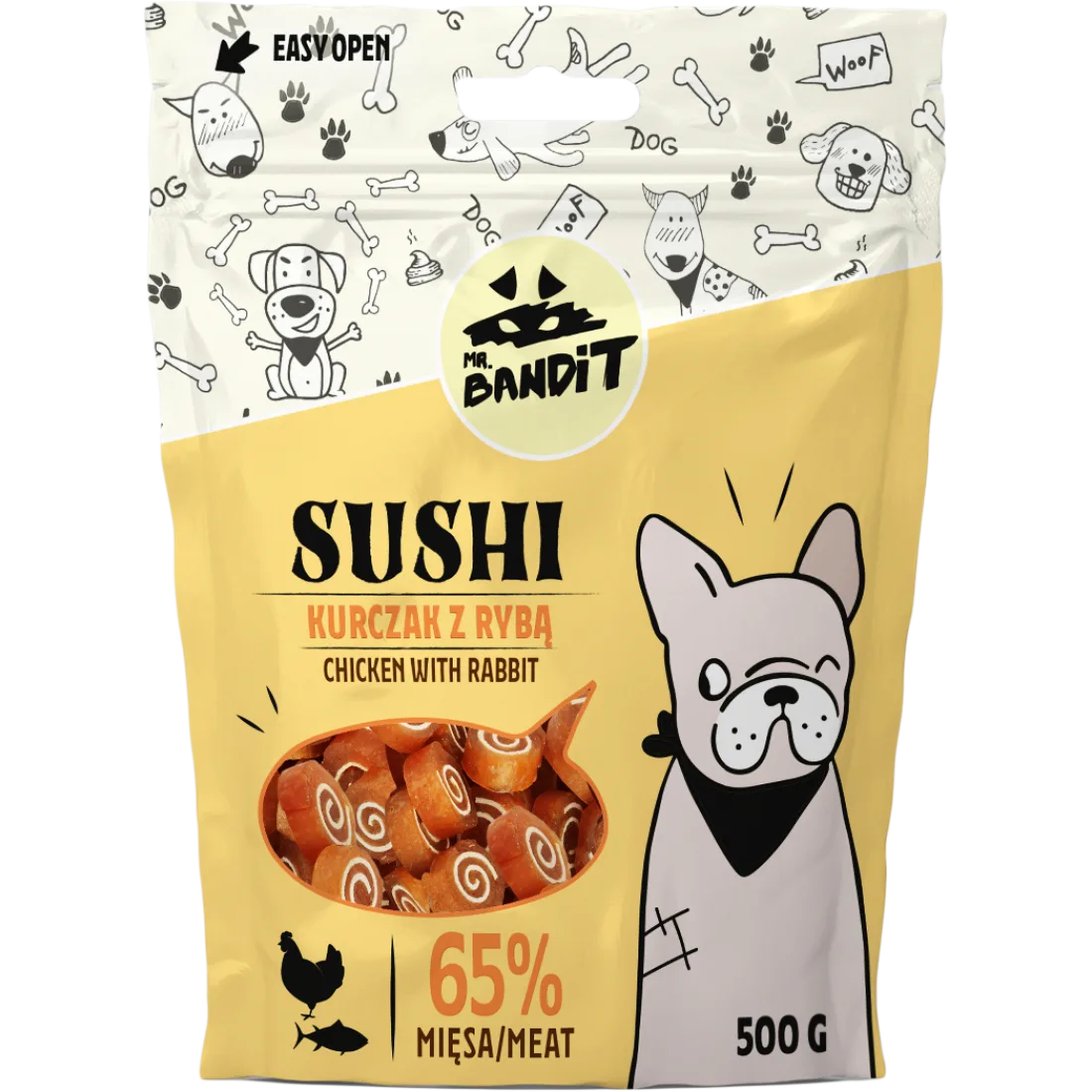 Recompense pentru caini Mr. Bandit SUSHI, pui si peste, 80g