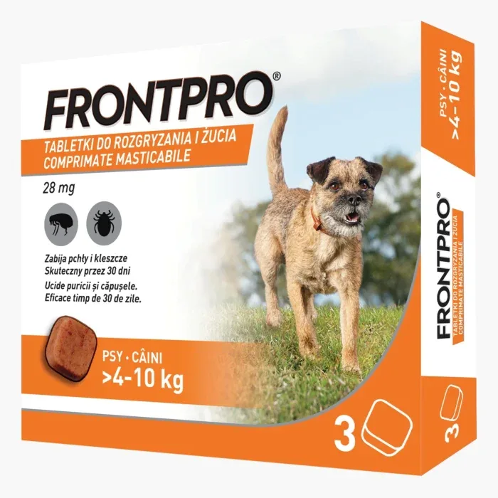 FrontPro 28 mg comprimate masticabile împotriva puricilor și căpușelor pentru câini 4-10 kg - 3 comprimate