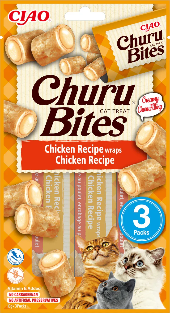 CHURU Bites Recompensă pt. pisici, Pernuţe Pui, Pachet cu 3 bucăţi x 10g