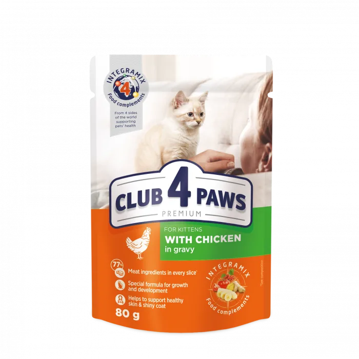CLUB 4 PAWS Plic hrana umeda pisoi juniori, Gaina in sos, 80g