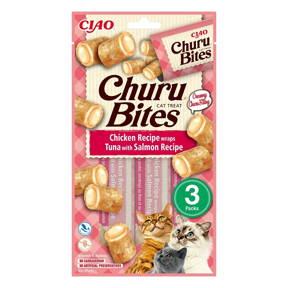 CHURU Bites Recompensă pt. pisici, Pernuţe Pui, Ton si Somon, Pachet cu 3 bucăţi x 10g
