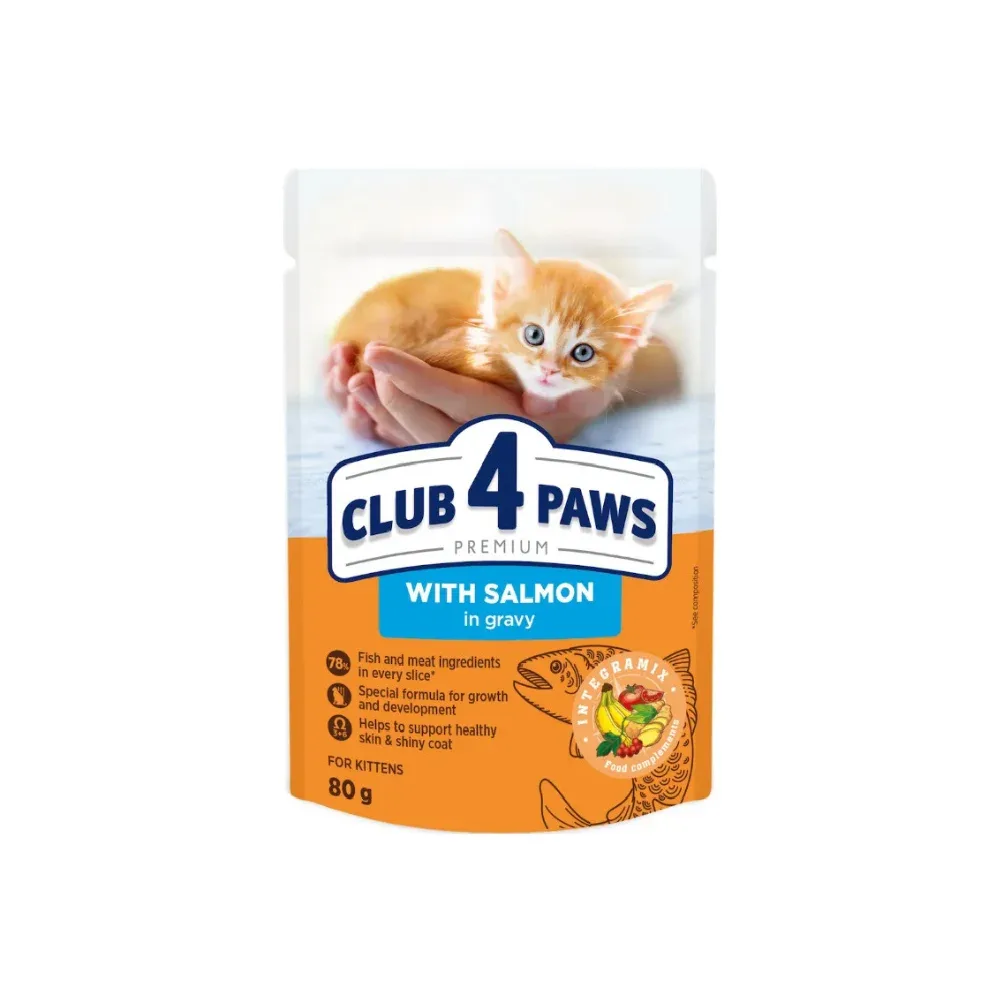 CLUB 4 PAWS Plic hrana umeda pisoi juniori, Somon in sos, 80g