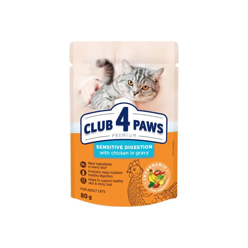 CLUB 4 PAWS Sensitive digestion, Plic hrana umeda pisici adulte, Pui in sos, 80g