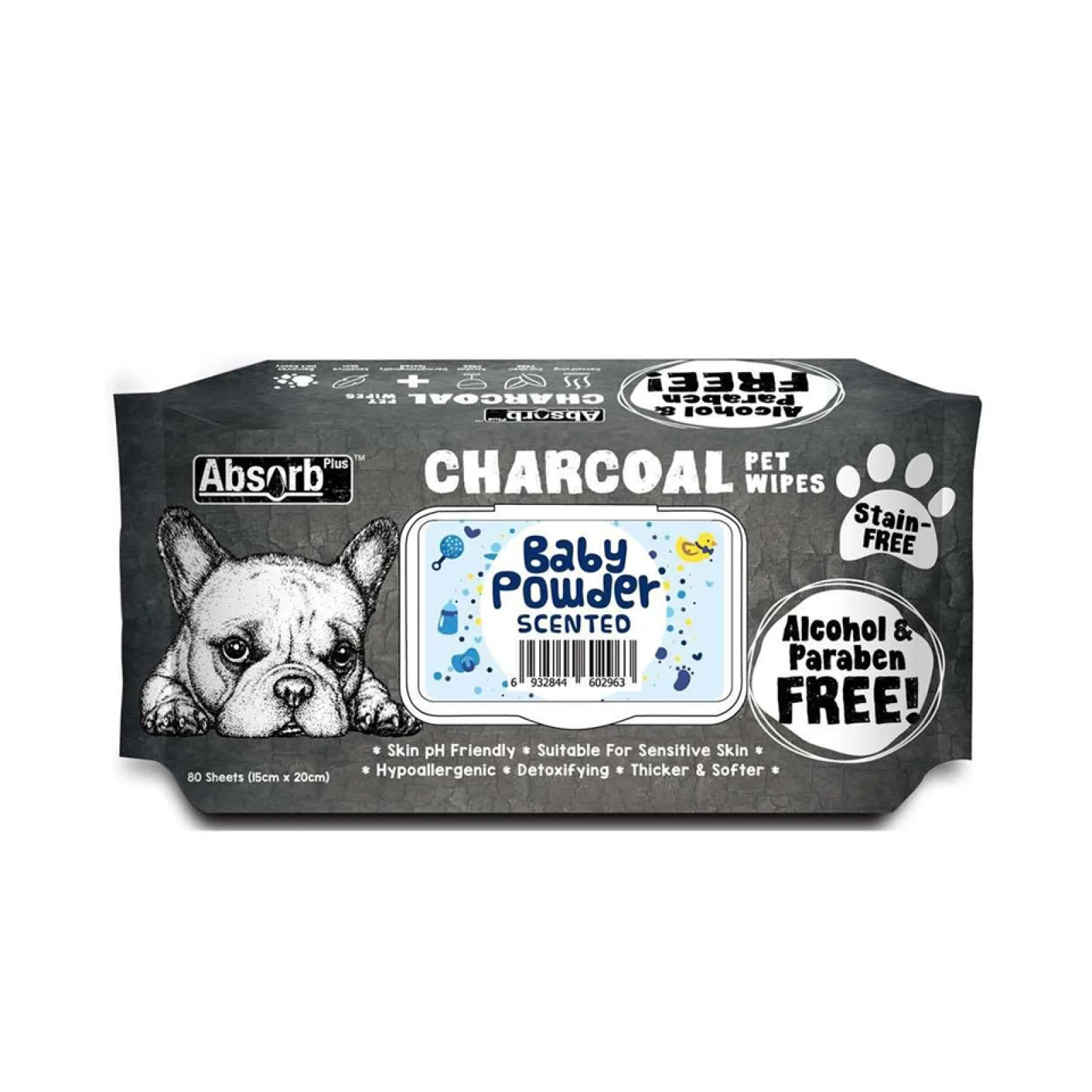 Servetele umede charcoal Absorb Plus BABY POWDER, 80 buc