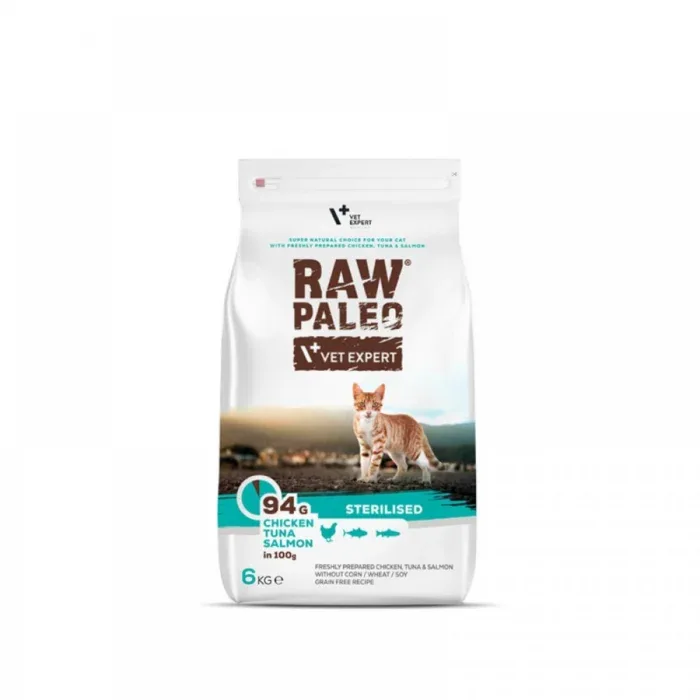 Hrana uscata pentru pisici sterilizate, RAW PALEO, carne de pui, ton si somon, 2 kg