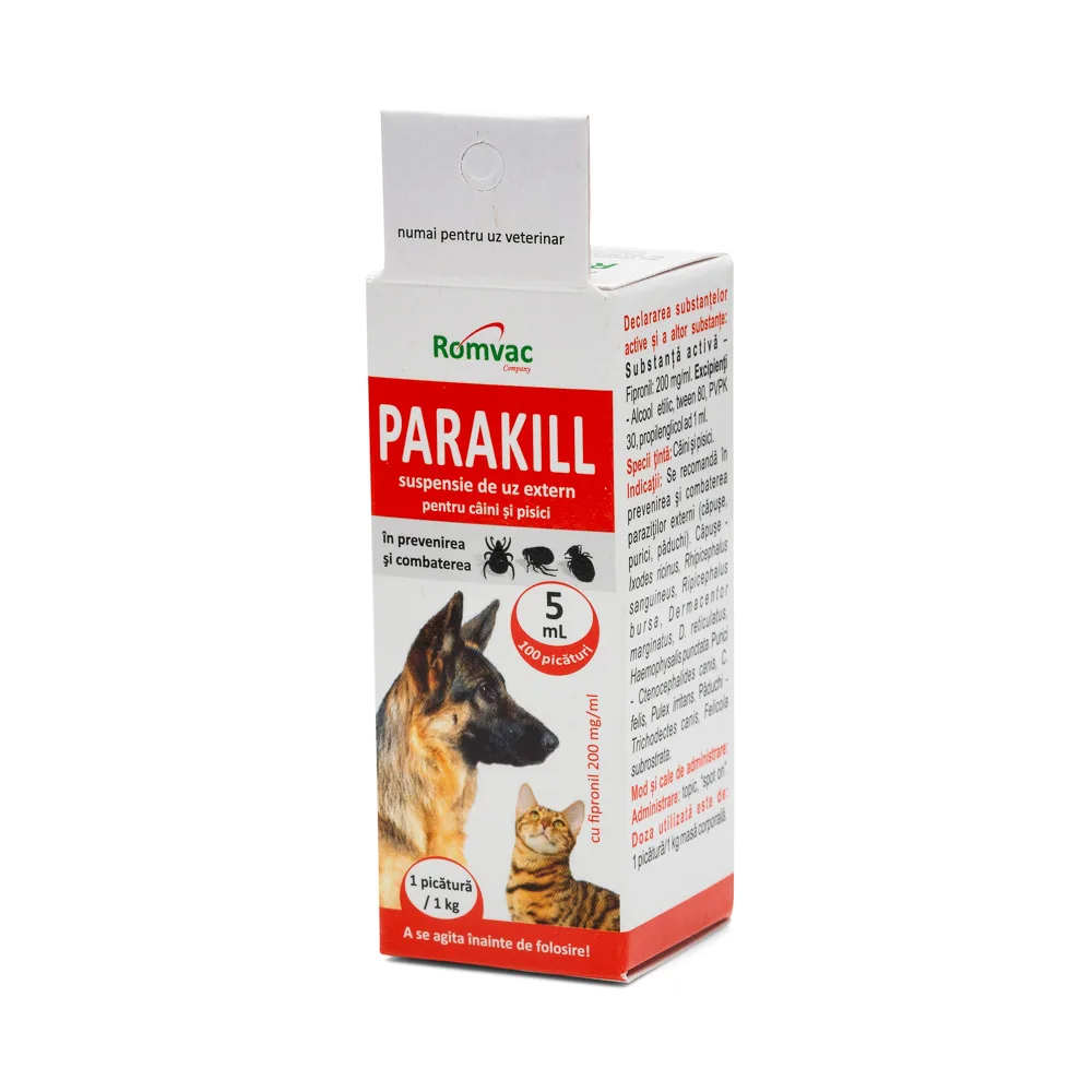 Parakill 5 ml, 100 picaturi, antiparazitare externa pentru caini si pisici