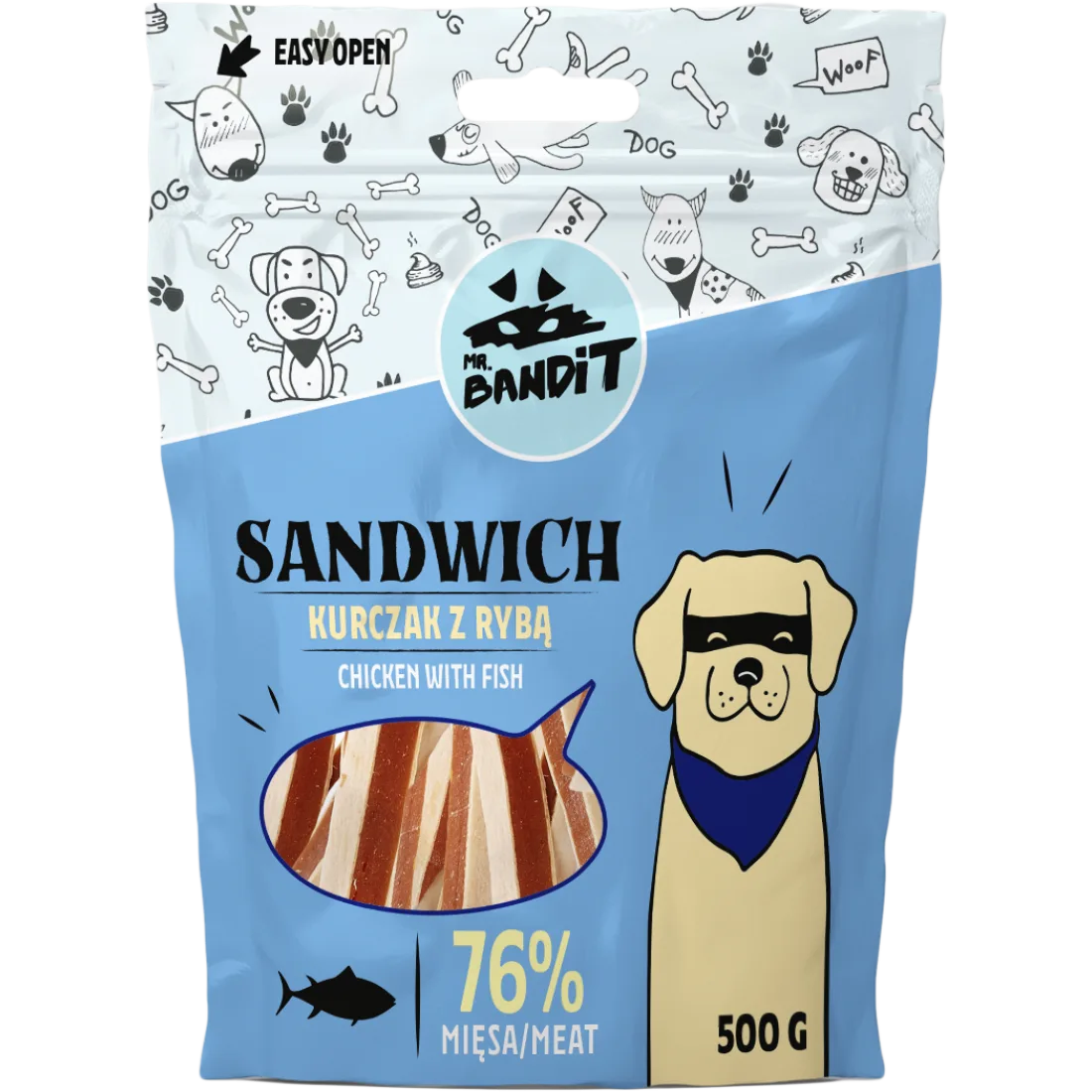 Recompense pentru caini Mr. Bandit SANDWICH, pui cu peste, 500g