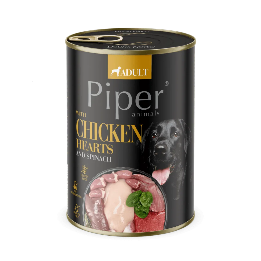 Hrana umeda pentru caini PIPER DOG, inimi de pui si spanac. 400g