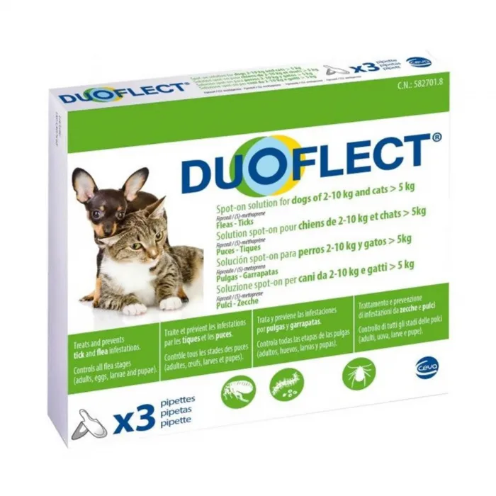 DUOFLECT, solutie antiparazitara spot-on pentru caini 2-10 kg si pisici > 5kg- 3 pipete